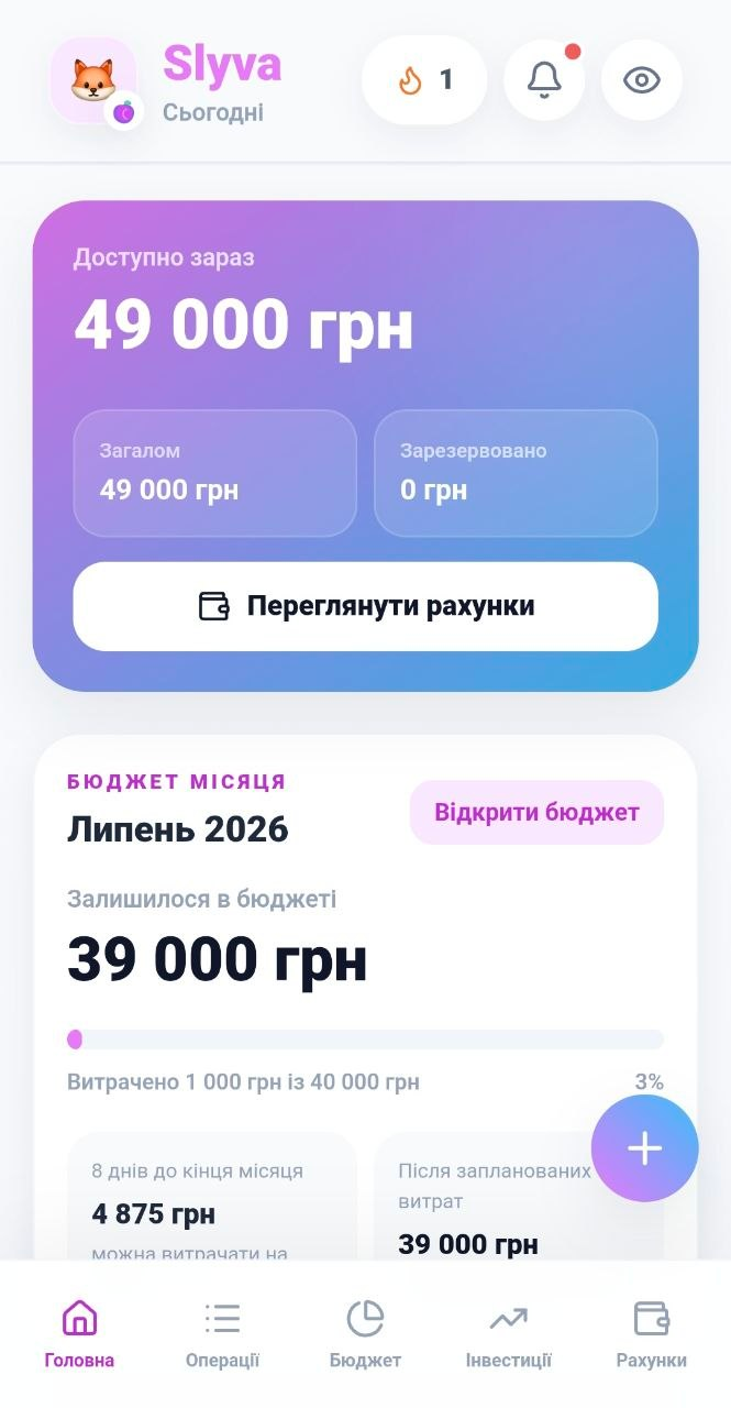 Slyva home screen showing available balance, monthly budget, and bottom navigation